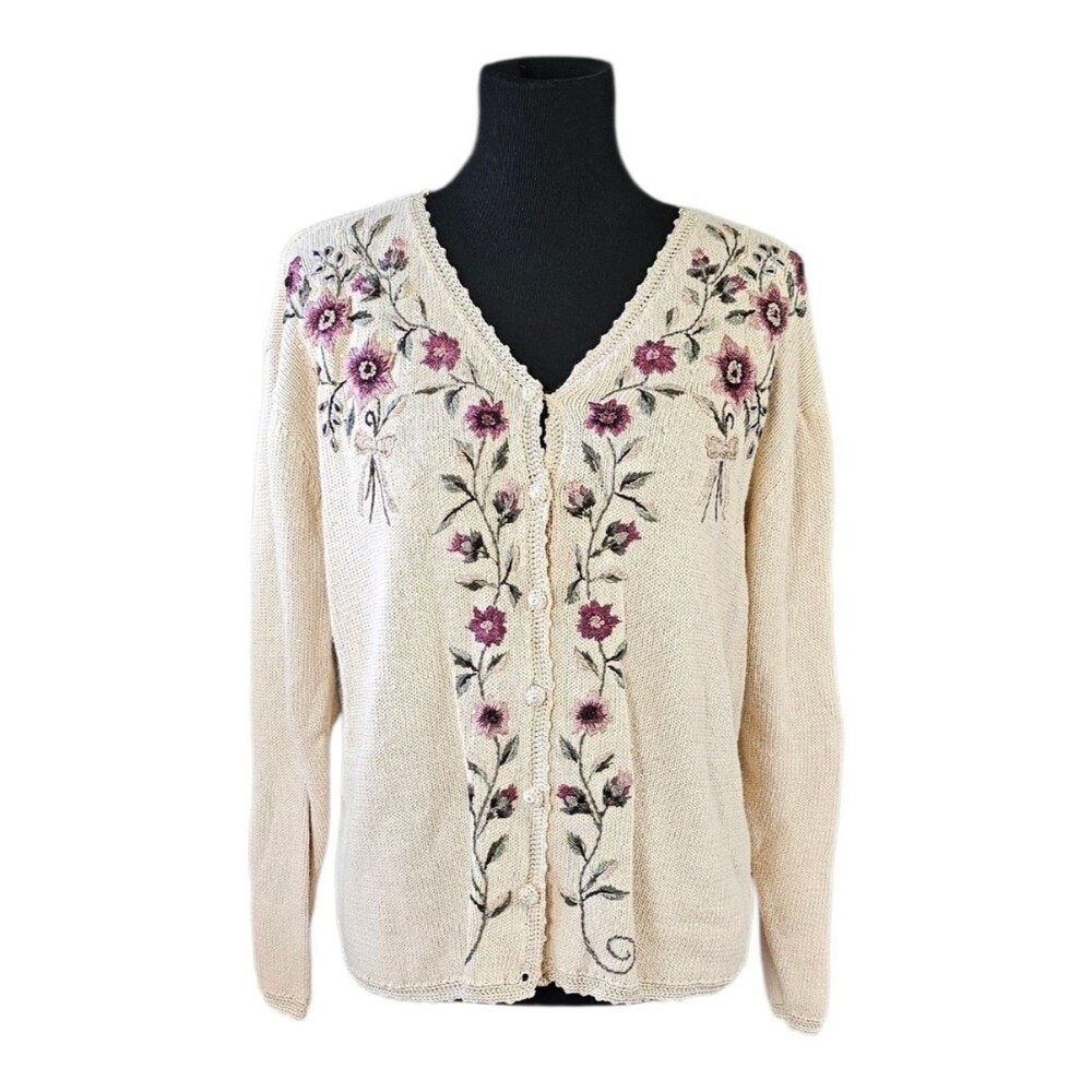 SweaterErika Floral Embroidered Cottagecore Cardigan Large Ramie Cotton